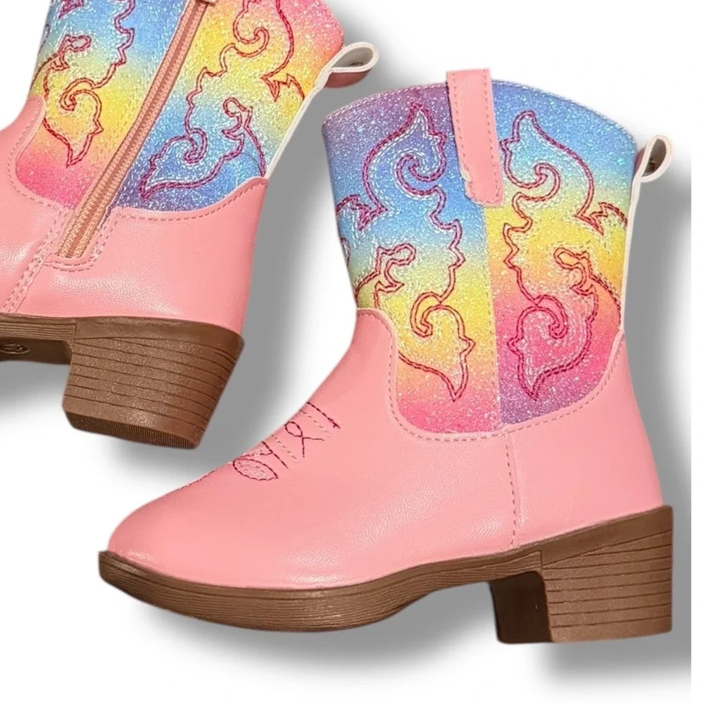 NIB Kids Pink Rainbow Glitter Cowboy Boots Side Zip Western Toddler Sz 7.5